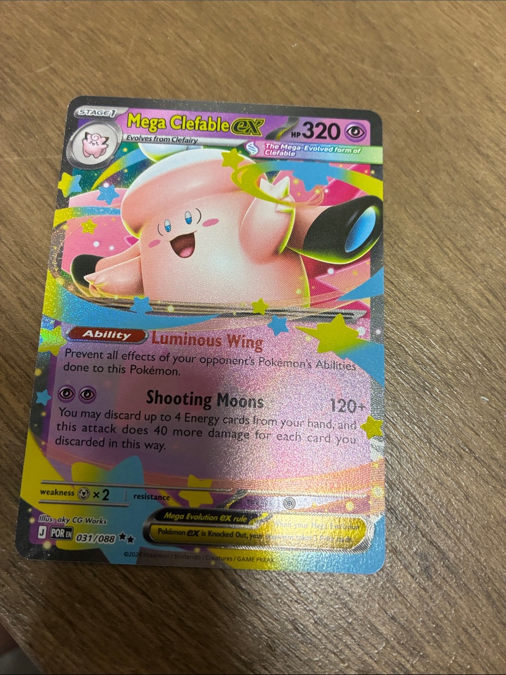 Pokemon Mega Clefable ex Holographic Card - Pink, Yellow, Blue Accents
